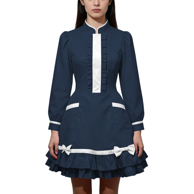 Shiny PVC Leather Long Sleeve Cosplay Lolita Exotic Stand Collar Maid Contrast Color Mini Dress Sexy Uniform Pocket Clubwear