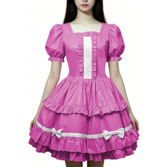 Women Wetlook PVC Leather Maid Dress Double Trim Mini Dress Zipper Party Lolita Cosplay Uniform Square Collar Evening Streetwear