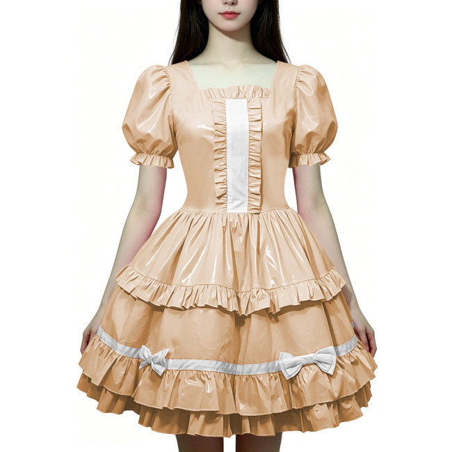 Women Wetlook PVC Leather Maid Dress Double Trim Mini Dress Zipper Party Lolita Cosplay Uniform Square Collar Evening Streetwear