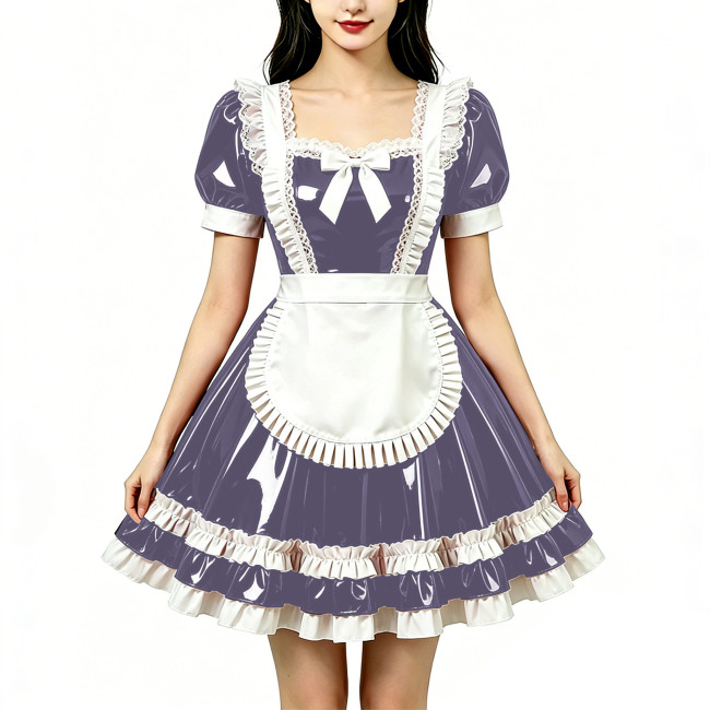 Shine Fetish PVC Maid Dress Vintage Square Neck Maid Party Lace Lolita Chest Bow Apron Cosplay Mini Dress Nightclub Streetwear