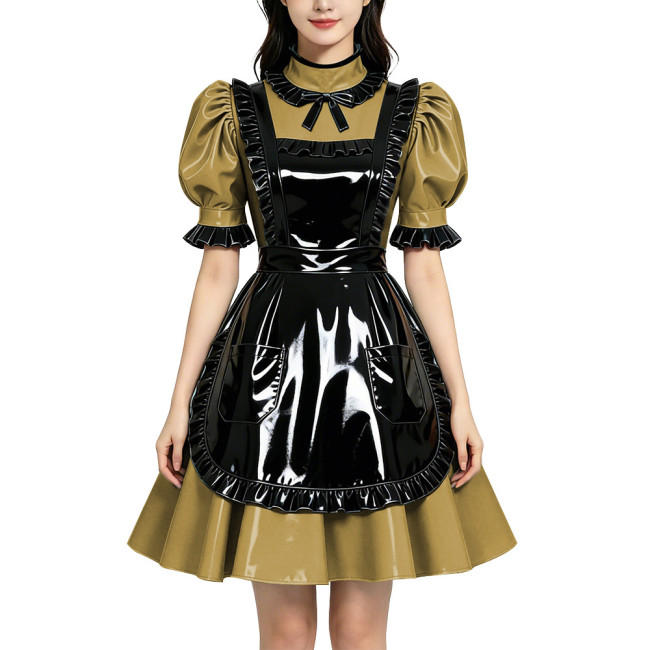 Shiny PVC Vinyl Wetlook Maid Gothic Cosplay Ruffle Apron Lolita Puff Short Sleeve Dress Fetish Bow Neck Waitress Uniform Dress