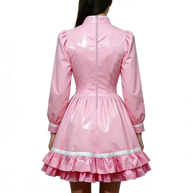 Shiny PVC Leather Long Sleeve Cosplay Lolita Exotic Stand Collar Maid Contrast Color Mini Dress Sexy Uniform Pocket Clubwear