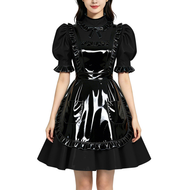 Shiny PVC Vinyl Wetlook Maid Gothic Cosplay Ruffle Apron Lolita Puff Short Sleeve Dress Fetish Bow Neck Waitress Uniform Dress