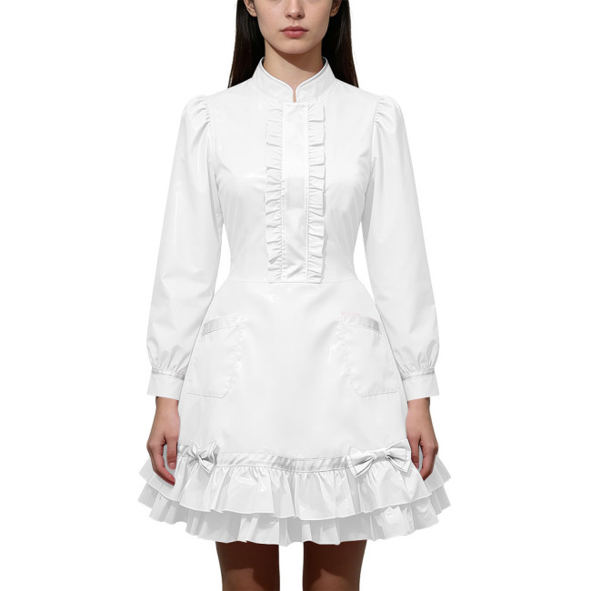 Shiny PVC Leather Long Sleeve Cosplay Lolita Exotic Stand Collar Maid Contrast Color Mini Dress Sexy Uniform Pocket Clubwear
