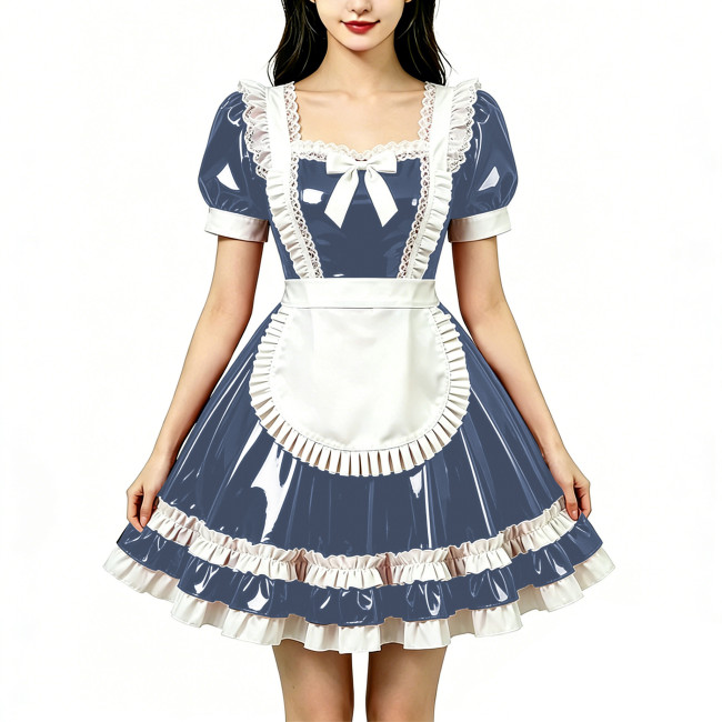Shine Fetish PVC Maid Dress Vintage Square Neck Maid Party Lace Lolita Chest Bow Apron Cosplay Mini Dress Nightclub Streetwear
