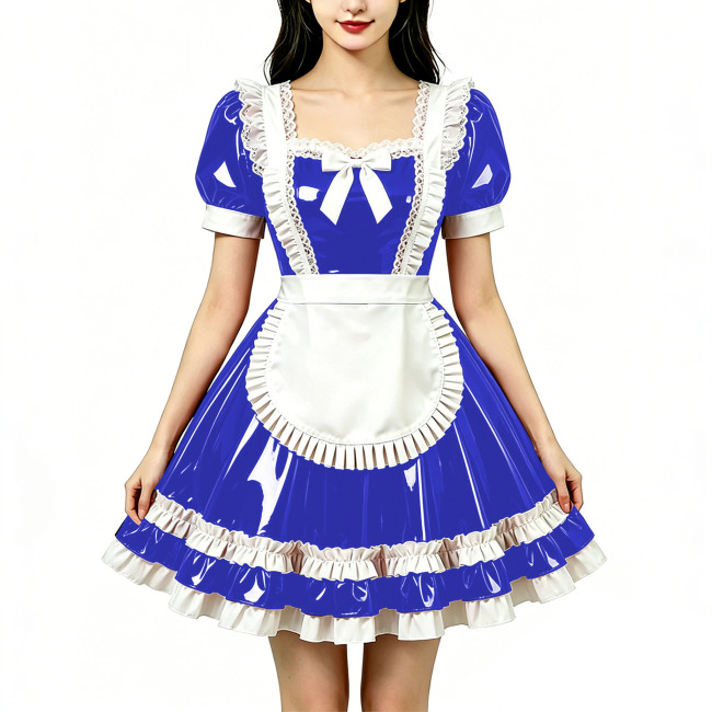 Shine Fetish PVC Maid Dress Vintage Square Neck Maid Party Lace Lolita Chest Bow Apron Cosplay Mini Dress Nightclub Streetwear