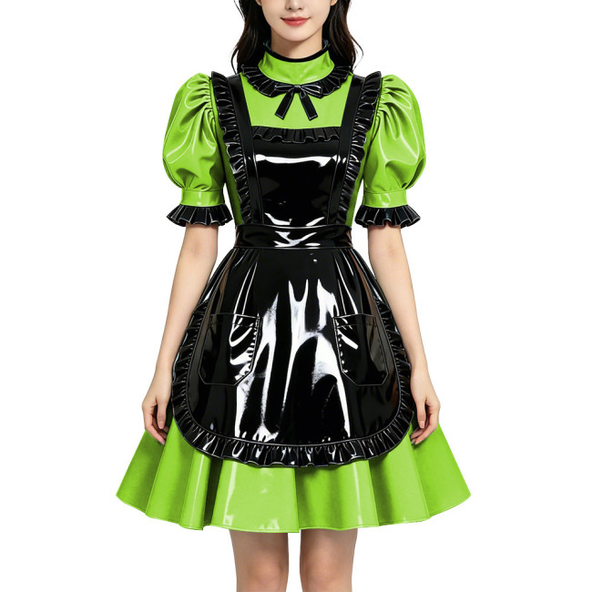 Shiny PVC Vinyl Wetlook Maid Gothic Cosplay Ruffle Apron Lolita Puff Short Sleeve Dress Fetish Bow Neck Waitress Uniform Dress