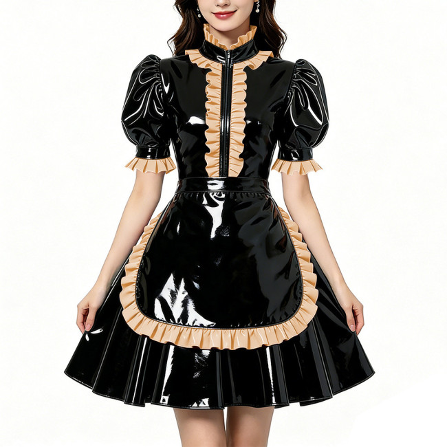 Glossy Shiny PVC Zipper Maid Dress Puff Short Sleeve Maid Bodycon Mini Skirt Fetish Cosplay Evening Party Streetwear Uniform
