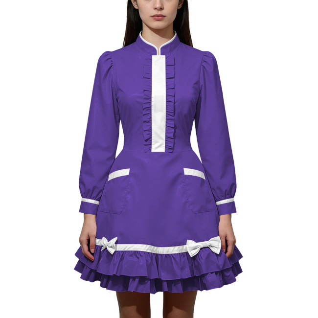 Shiny PVC Leather Long Sleeve Cosplay Lolita Exotic Stand Collar Maid Contrast Color Mini Dress Sexy Uniform Pocket Clubwear