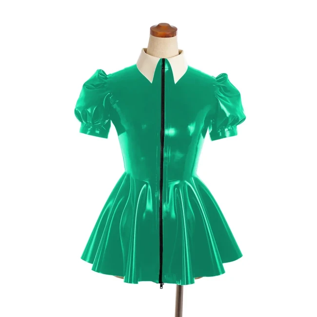 Sexy PVC Leather Slim A-line Dress Shiny Puff Short Sleeved Nightclub Mini Club Dresses Faux Latex Dress Women's Dance Clubwear