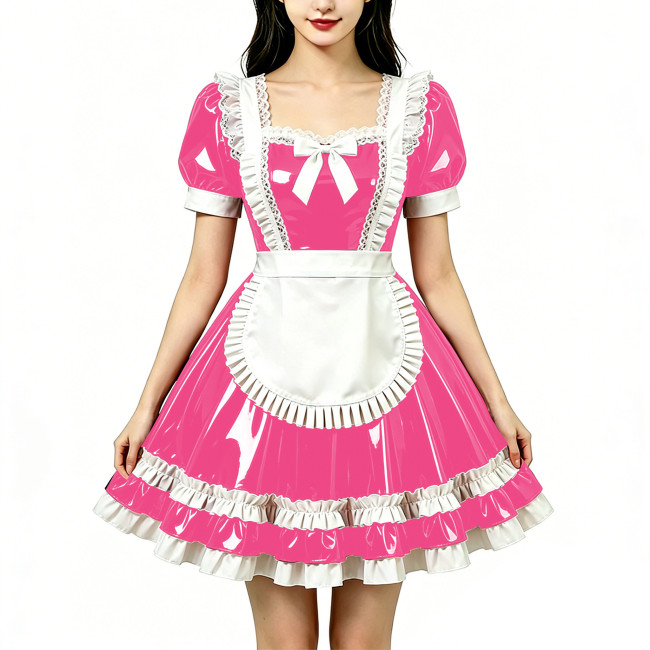 Shine Fetish PVC Maid Dress Vintage Square Neck Maid Party Lace Lolita Chest Bow Apron Cosplay Mini Dress Nightclub Streetwear