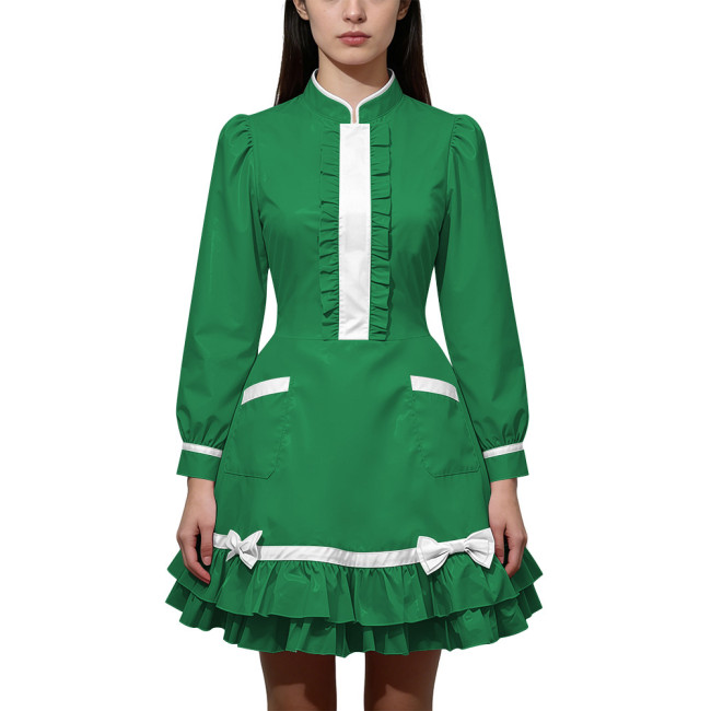 Shiny PVC Leather Long Sleeve Cosplay Lolita Exotic Stand Collar Maid Contrast Color Mini Dress Sexy Uniform Pocket Clubwear