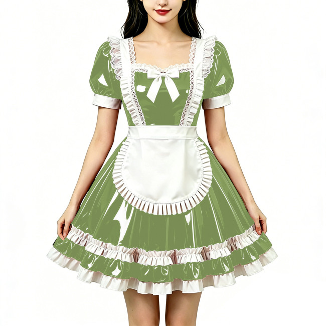 Shine Fetish PVC Maid Dress Vintage Square Neck Maid Party Lace Lolita Chest Bow Apron Cosplay Mini Dress Nightclub Streetwear