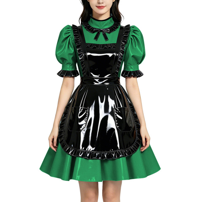 Shiny PVC Vinyl Wetlook Maid Gothic Cosplay Ruffle Apron Lolita Puff Short Sleeve Dress Fetish Bow Neck Waitress Uniform Dress