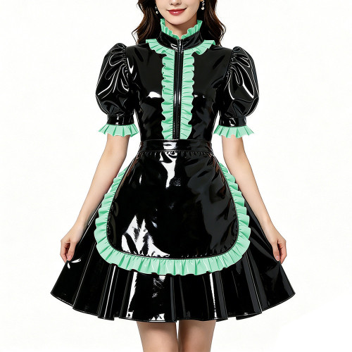 Glossy Shiny PVC Zipper Maid Dress Puff Short Sleeve Maid Bodycon Mini Skirt Fetish Cosplay Evening Party Streetwear Uniform