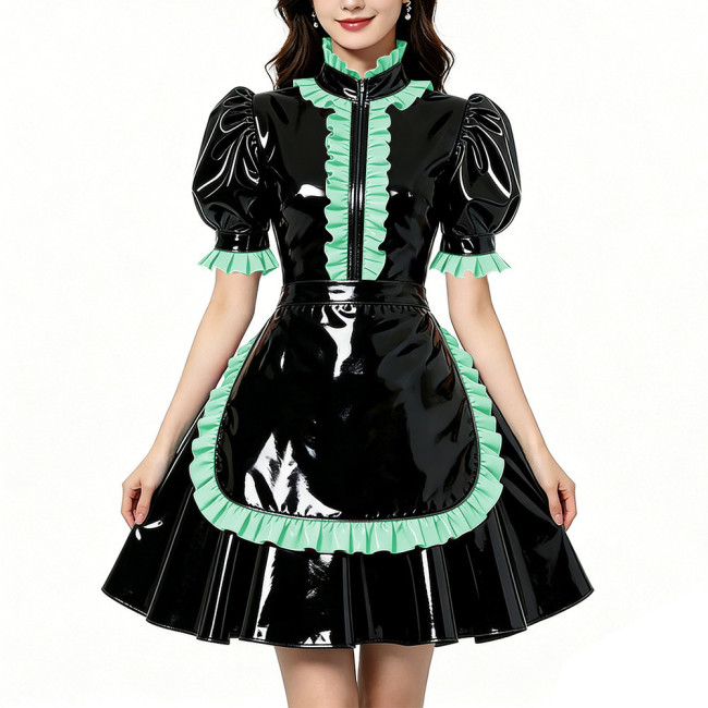 Glossy Shiny PVC Zipper Maid Dress Puff Short Sleeve Maid Bodycon Mini Skirt Fetish Cosplay Evening Party Streetwear Uniform