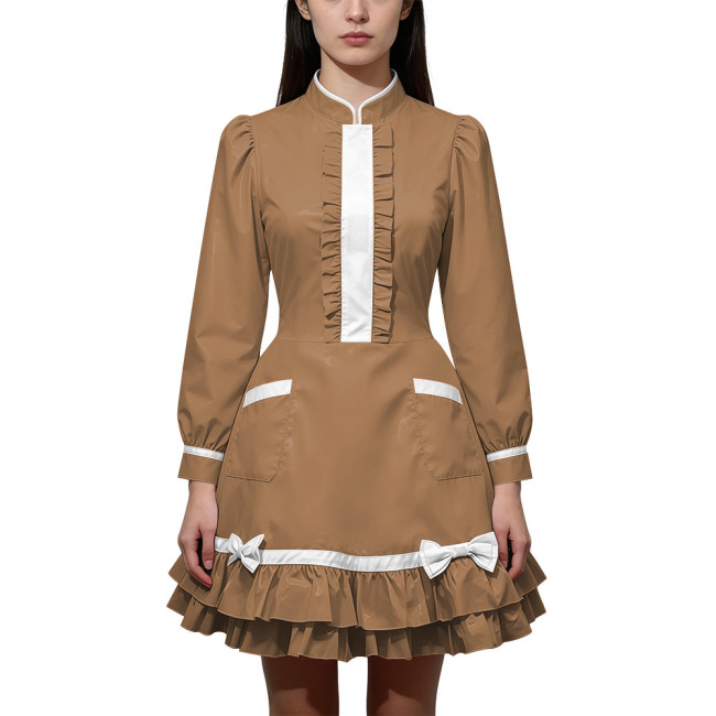 Shiny PVC Leather Long Sleeve Cosplay Lolita Exotic Stand Collar Maid Contrast Color Mini Dress Sexy Uniform Pocket Clubwear