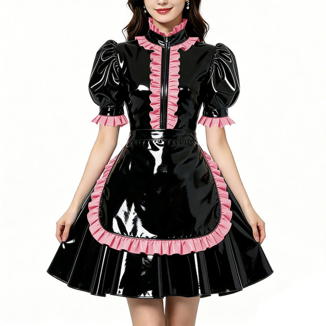 Glossy Shiny PVC Zipper Maid Dress Puff Short Sleeve Maid Bodycon Mini Skirt Fetish Cosplay Evening Party Streetwear Uniform