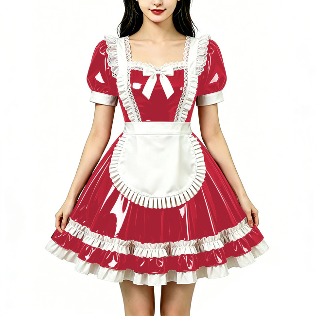 Shine Fetish PVC Maid Dress Vintage Square Neck Maid Party Lace Lolita Chest Bow Apron Cosplay Mini Dress Nightclub Streetwear