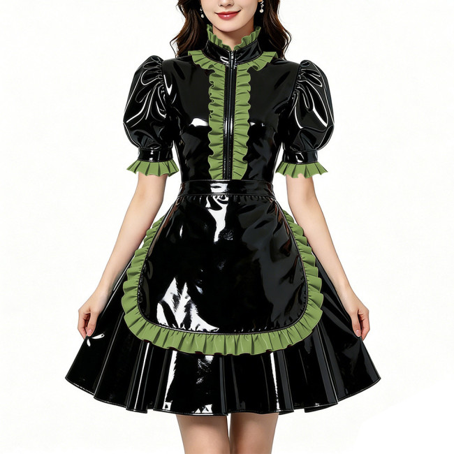 Glossy Shiny PVC Zipper Maid Dress Puff Short Sleeve Maid Bodycon Mini Skirt Fetish Cosplay Evening Party Streetwear Uniform