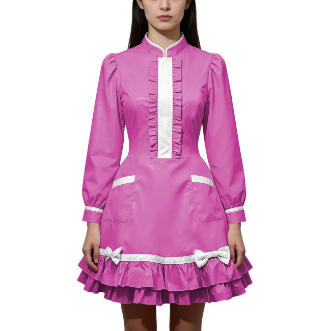Shiny PVC Leather Long Sleeve Cosplay Lolita Exotic Stand Collar Maid Contrast Color Mini Dress Sexy Uniform Pocket Clubwear