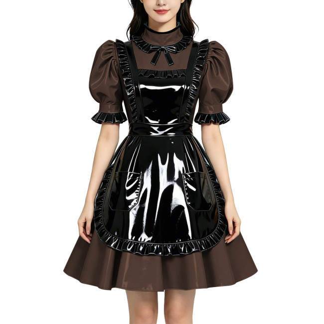 Shiny PVC Vinyl Wetlook Maid Gothic Cosplay Ruffle Apron Lolita Puff Short Sleeve Dress Fetish Bow Neck Waitress Uniform Dress