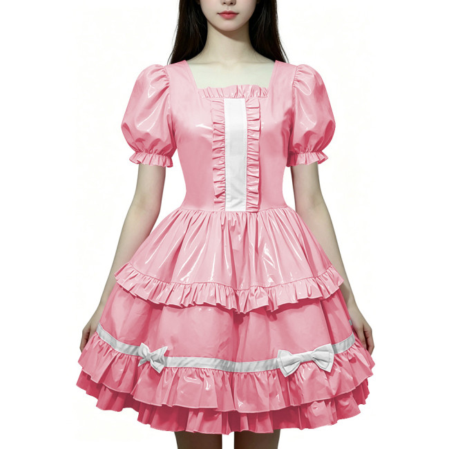 Women Wetlook PVC Leather Maid Dress Double Trim Mini Dress Zipper Party Lolita Cosplay Uniform Square Collar Evening Streetwear