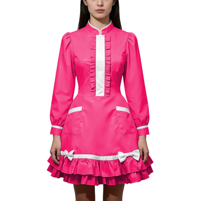 Shiny PVC Leather Long Sleeve Cosplay Lolita Exotic Stand Collar Maid Contrast Color Mini Dress Sexy Uniform Pocket Clubwear