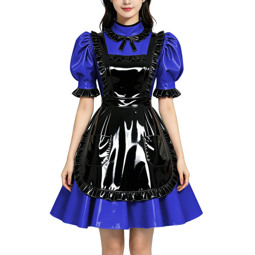 Shiny PVC Vinyl Wetlook Maid Gothic Cosplay Ruffle Apron Lolita Puff Short Sleeve Dress Fetish Bow Neck Waitress Uniform Dress