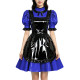 Shiny PVC Vinyl Wetlook Maid Gothic Cosplay Ruffle Apron Lolita Puff Short Sleeve Dress Fetish Bow Neck Waitress Uniform Dress