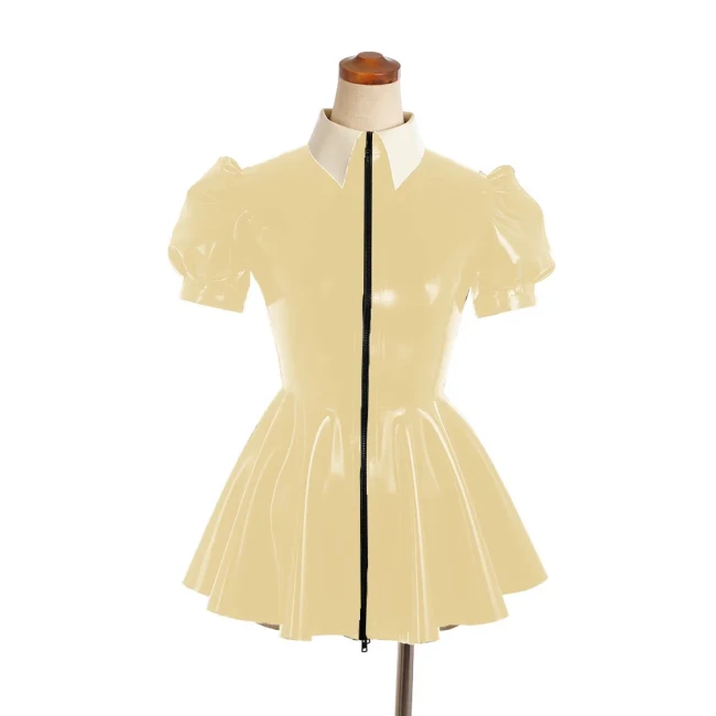 Sexy PVC Leather Slim A-line Dress Shiny Puff Short Sleeved Nightclub Mini Club Dresses Faux Latex Dress Women's Dance Clubwear