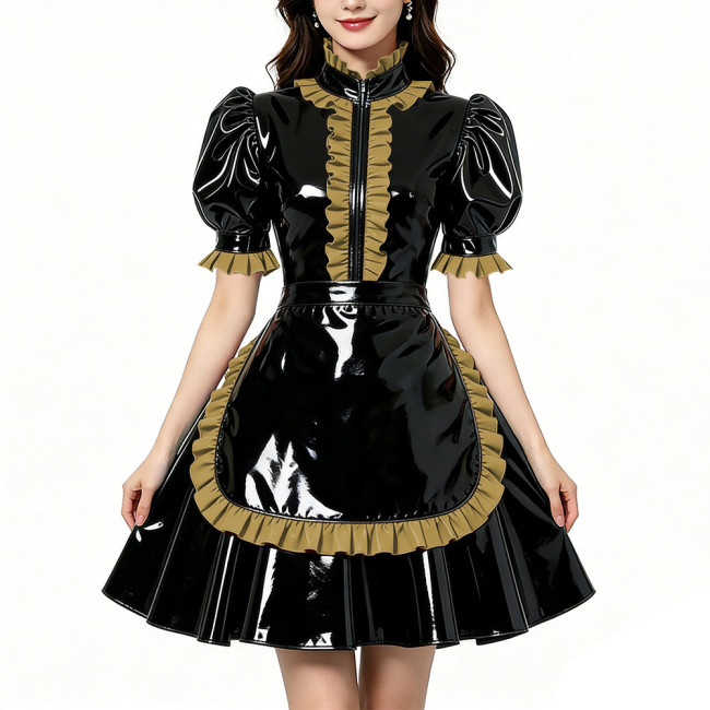 Glossy Shiny PVC Zipper Maid Dress Puff Short Sleeve Maid Bodycon Mini Skirt Fetish Cosplay Evening Party Streetwear Uniform