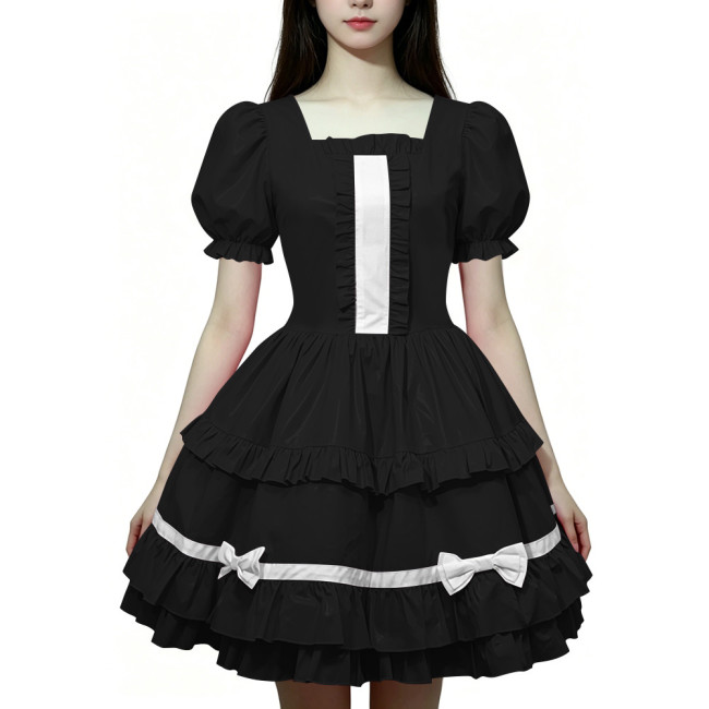 Women Wetlook PVC Leather Maid Dress Double Trim Mini Dress Zipper Party Lolita Cosplay Uniform Square Collar Evening Streetwear