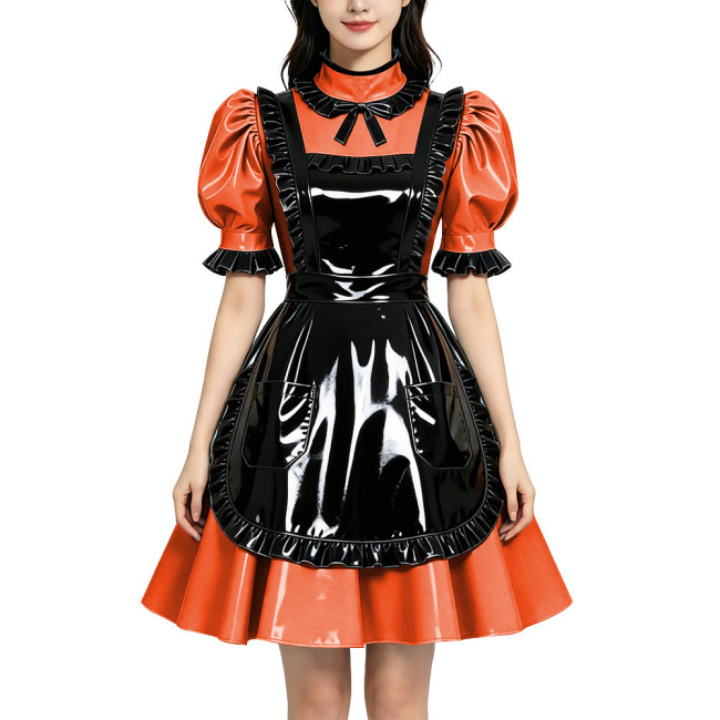 Shiny PVC Vinyl Wetlook Maid Gothic Cosplay Ruffle Apron Lolita Puff Short Sleeve Dress Fetish Bow Neck Waitress Uniform Dress