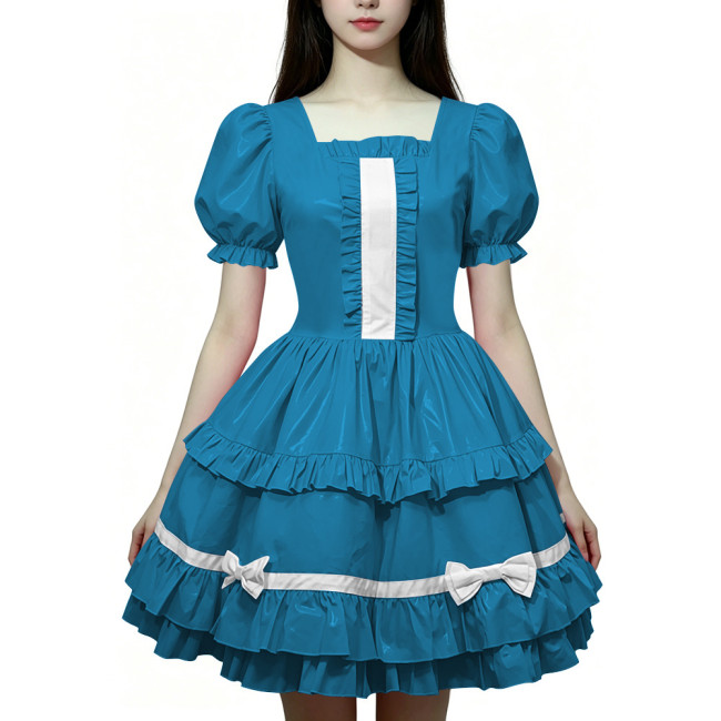 Women Wetlook PVC Leather Maid Dress Double Trim Mini Dress Zipper Party Lolita Cosplay Uniform Square Collar Evening Streetwear