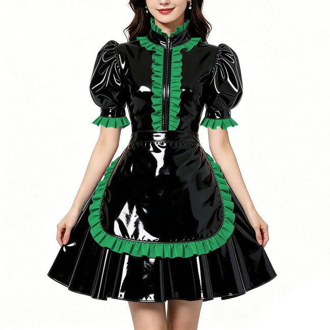 Glossy Shiny PVC Zipper Maid Dress Puff Short Sleeve Maid Bodycon Mini Skirt Fetish Cosplay Evening Party Streetwear Uniform