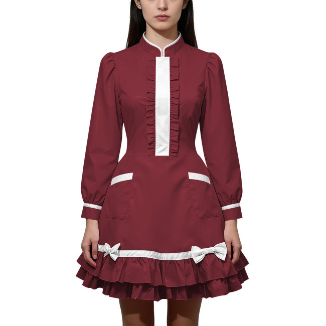 Shiny PVC Leather Long Sleeve Cosplay Lolita Exotic Stand Collar Maid Contrast Color Mini Dress Sexy Uniform Pocket Clubwear