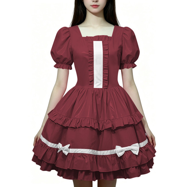Women Wetlook PVC Leather Maid Dress Double Trim Mini Dress Zipper Party Lolita Cosplay Uniform Square Collar Evening Streetwear