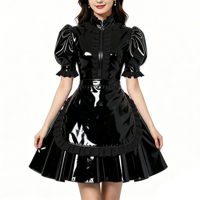 Glossy Shiny PVC Zipper Maid Dress Puff Short Sleeve Maid Bodycon Mini Skirt Fetish Cosplay Evening Party Streetwear Uniform