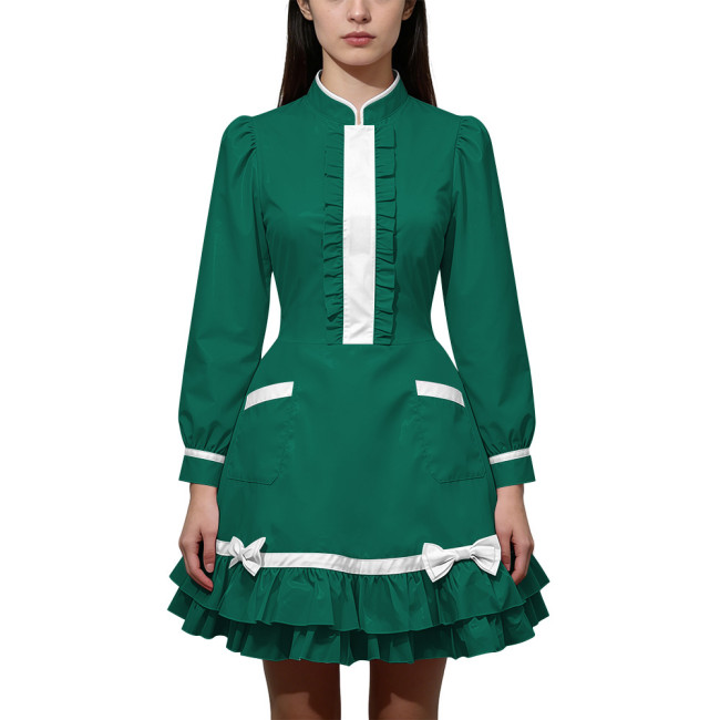 Shiny PVC Leather Long Sleeve Cosplay Lolita Exotic Stand Collar Maid Contrast Color Mini Dress Sexy Uniform Pocket Clubwear