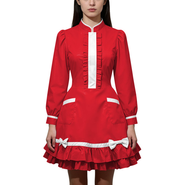 Shiny PVC Leather Long Sleeve Cosplay Lolita Exotic Stand Collar Maid Contrast Color Mini Dress Sexy Uniform Pocket Clubwear