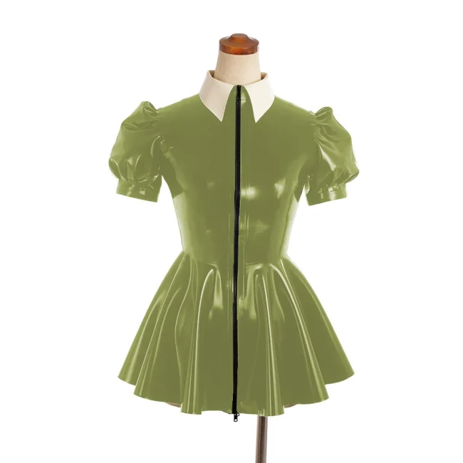 Sexy PVC Leather Slim A-line Dress Shiny Puff Short Sleeved Nightclub Mini Club Dresses Faux Latex Dress Women's Dance Clubwear