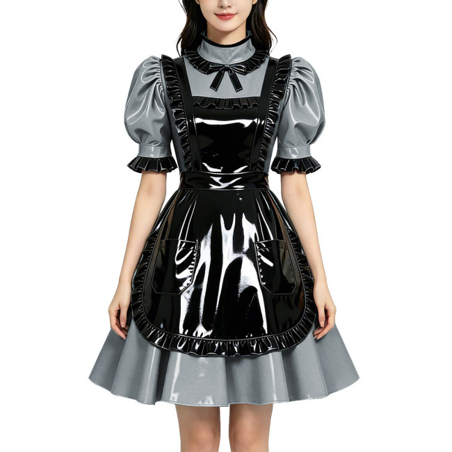 Shiny PVC Vinyl Wetlook Maid Gothic Cosplay Ruffle Apron Lolita Puff Short Sleeve Dress Fetish Bow Neck Waitress Uniform Dress