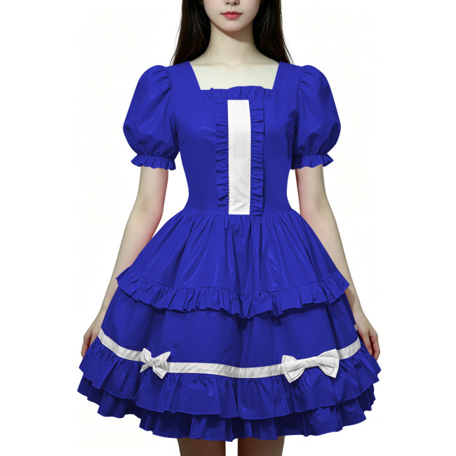 Women Wetlook PVC Leather Maid Dress Double Trim Mini Dress Zipper Party Lolita Cosplay Uniform Square Collar Evening Streetwear