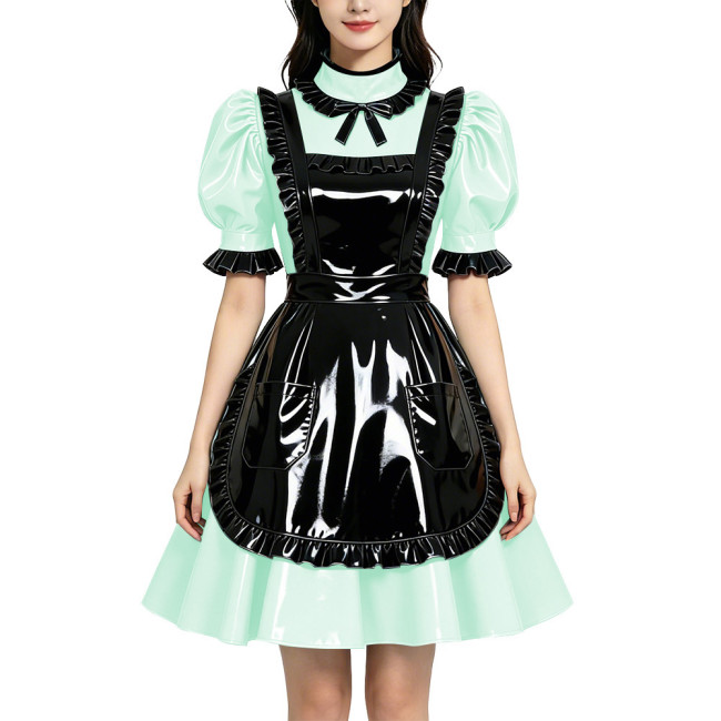 Shiny PVC Vinyl Wetlook Maid Gothic Cosplay Ruffle Apron Lolita Puff Short Sleeve Dress Fetish Bow Neck Waitress Uniform Dress