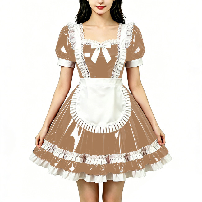 Shine Fetish PVC Maid Dress Vintage Square Neck Maid Party Lace Lolita Chest Bow Apron Cosplay Mini Dress Nightclub Streetwear