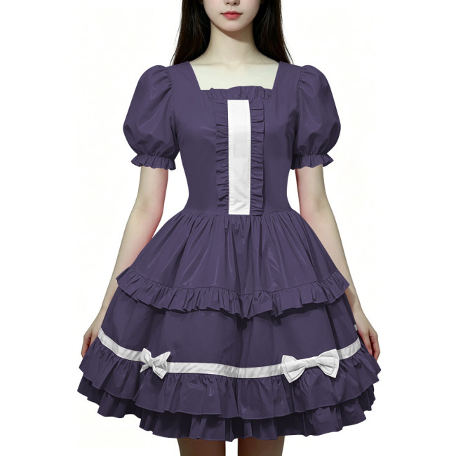 Women Wetlook PVC Leather Maid Dress Double Trim Mini Dress Zipper Party Lolita Cosplay Uniform Square Collar Evening Streetwear