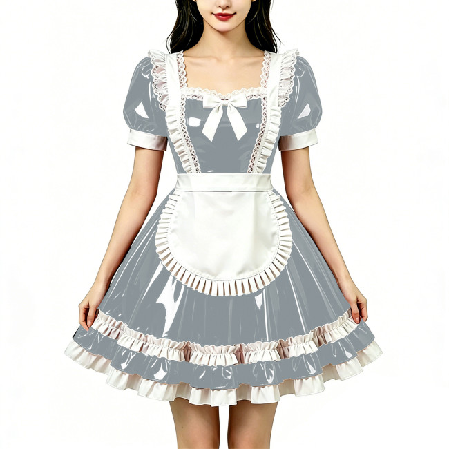 Shine Fetish PVC Maid Dress Vintage Square Neck Maid Party Lace Lolita Chest Bow Apron Cosplay Mini Dress Nightclub Streetwear