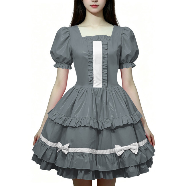 Women Wetlook PVC Leather Maid Dress Double Trim Mini Dress Zipper Party Lolita Cosplay Uniform Square Collar Evening Streetwear