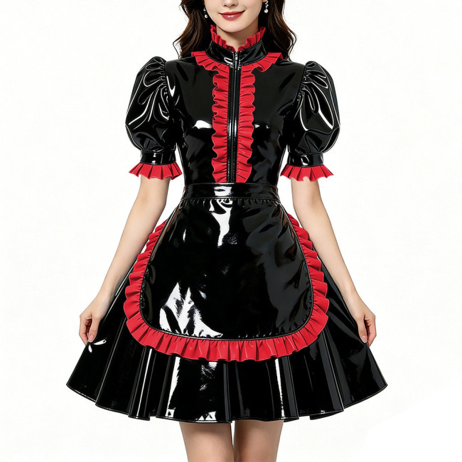 Glossy Shiny PVC Zipper Maid Dress Puff Short Sleeve Maid Bodycon Mini Skirt Fetish Cosplay Evening Party Streetwear Uniform